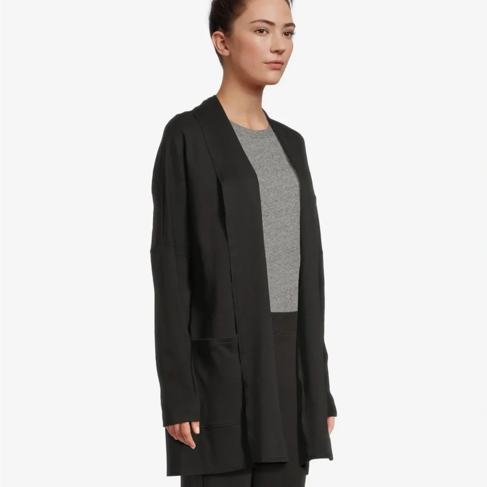 PACT Organic Cotton Airplane Wrap Cardigan Black Open Front Pockets‎ Capsule